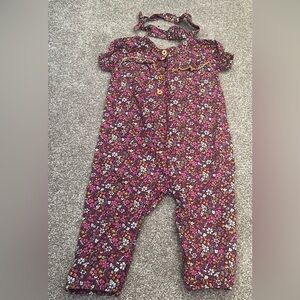 Penelope Mack 12M girl Floral Jumpsuit with headband. Color: purple.